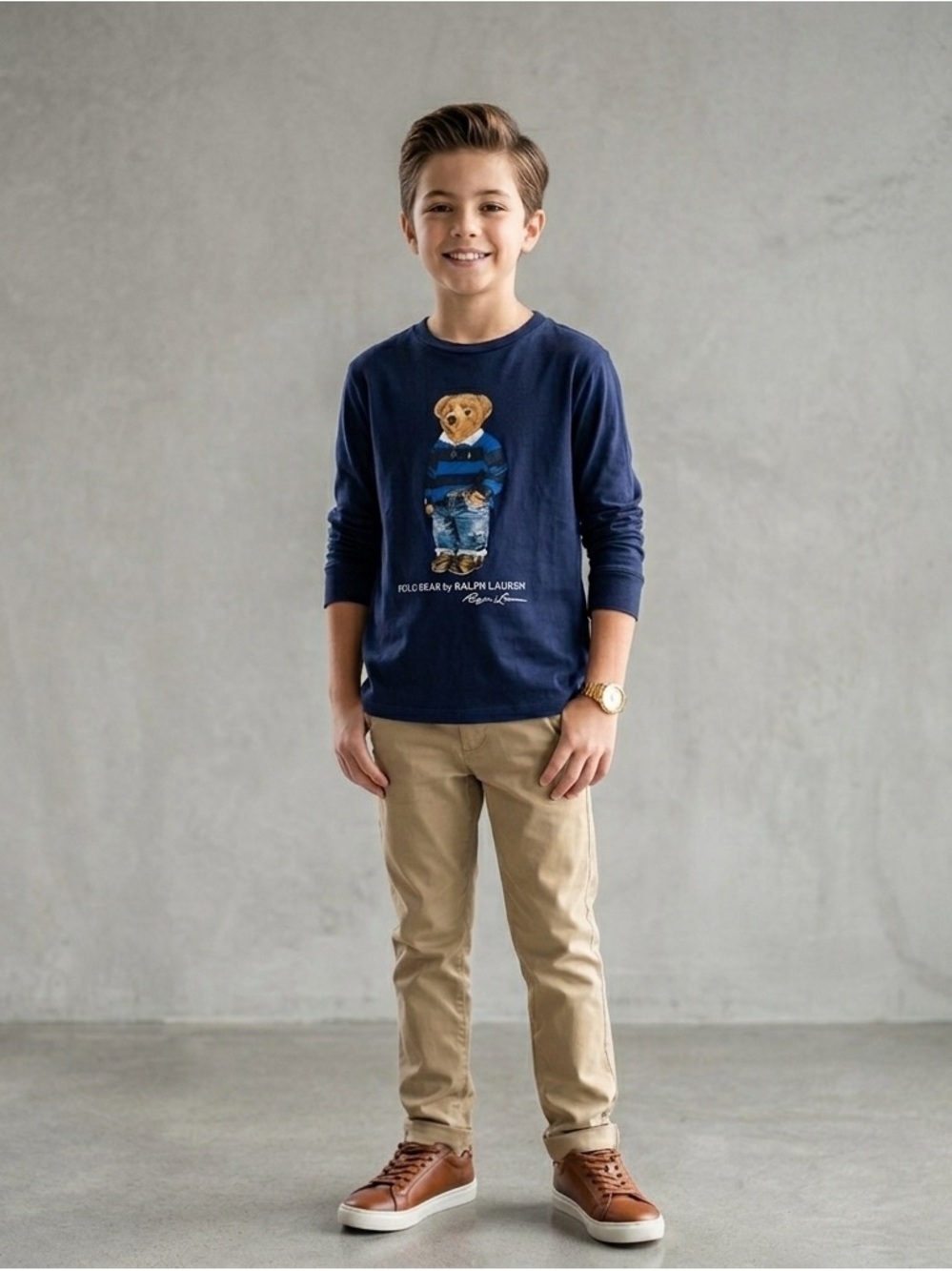 Polo Ralph Lauren T-Shirt Boys Kids 10-12 Blue Polo Bear Graphic Long Sleeve Tee
